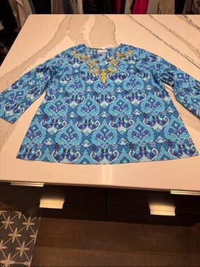 Kim Gravel Blue Printed Long-Sleeve Tunic with Gold Embroidery NWT